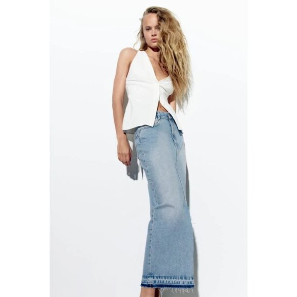 Zara Womens Long Denim Maxi Skirt Small Midi Waist Blue Front Slit 3660/090 NWT - Picture 2 of 15